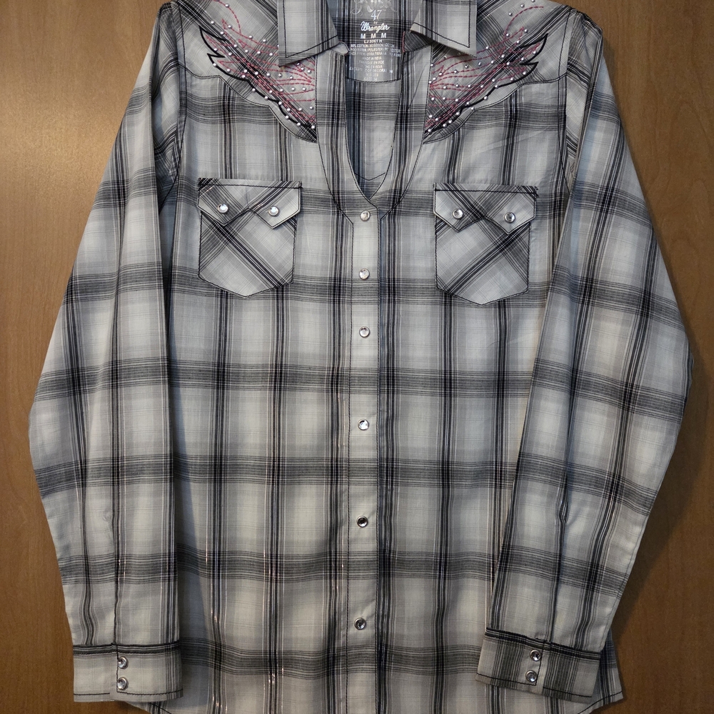 Rock 47 By Wrangler Black And Gray Plaid Embroidered Button Down Shirt